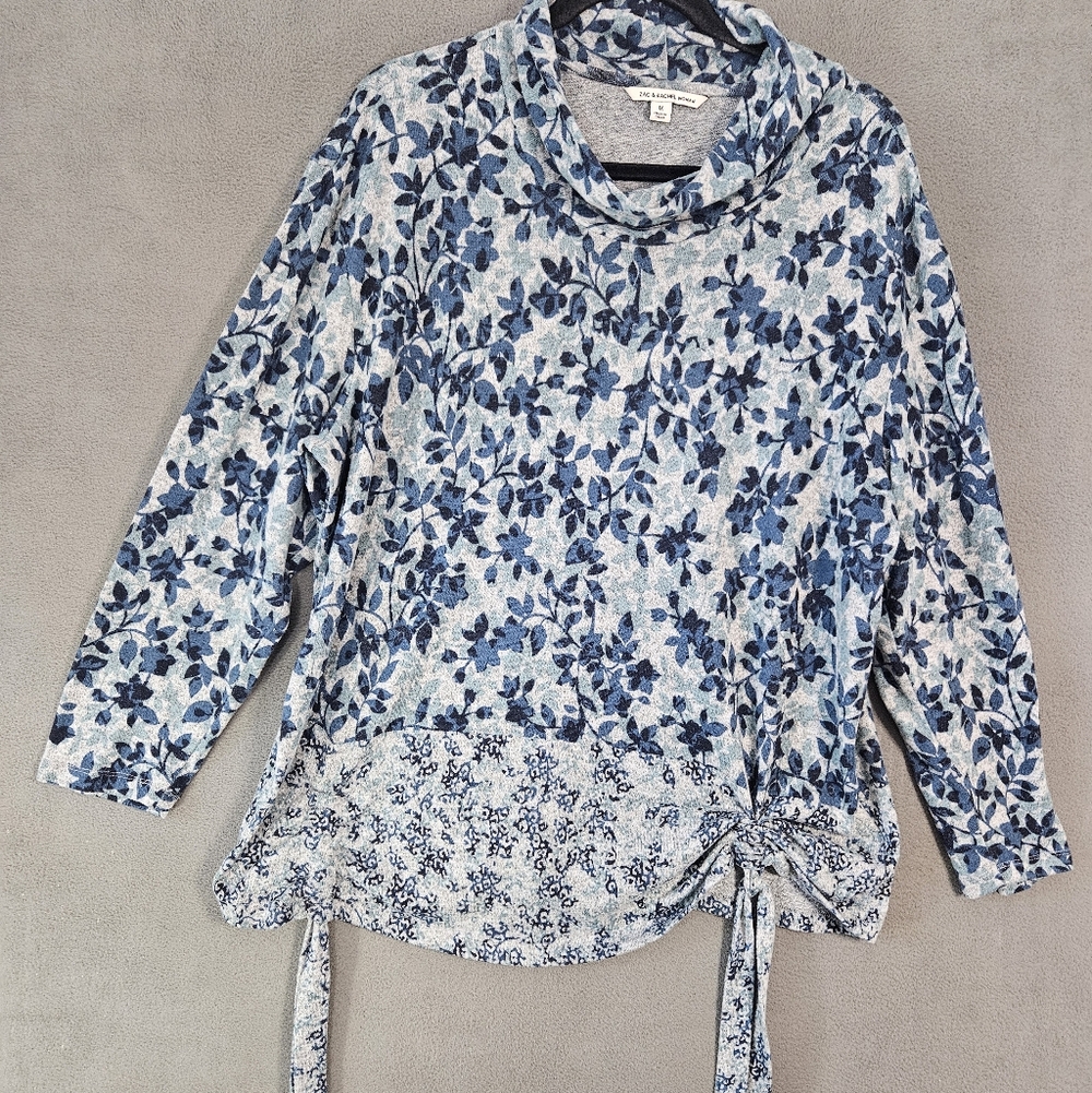 Zac & Rachel Womens Plus 1X Turtleneck Blue Floral Shirt Long Sleeve Ruched Ties